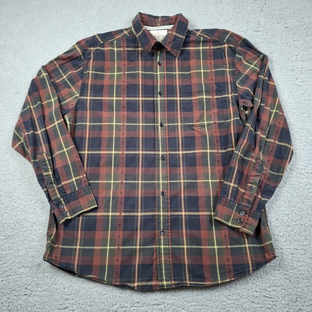 Vintage Men's L Button UP shirt Plaid 100% Cotton Skull and Cross Hatchett Bker